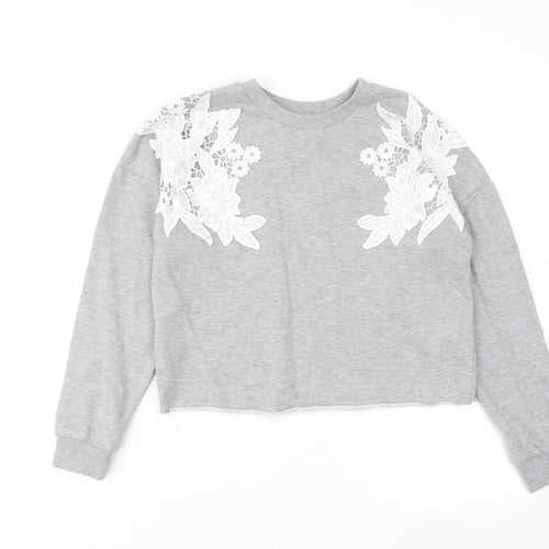 Miss Selfridge Womens Grey Cotton Pullover Sweatshirt Size 4 Pullover - Flower detail