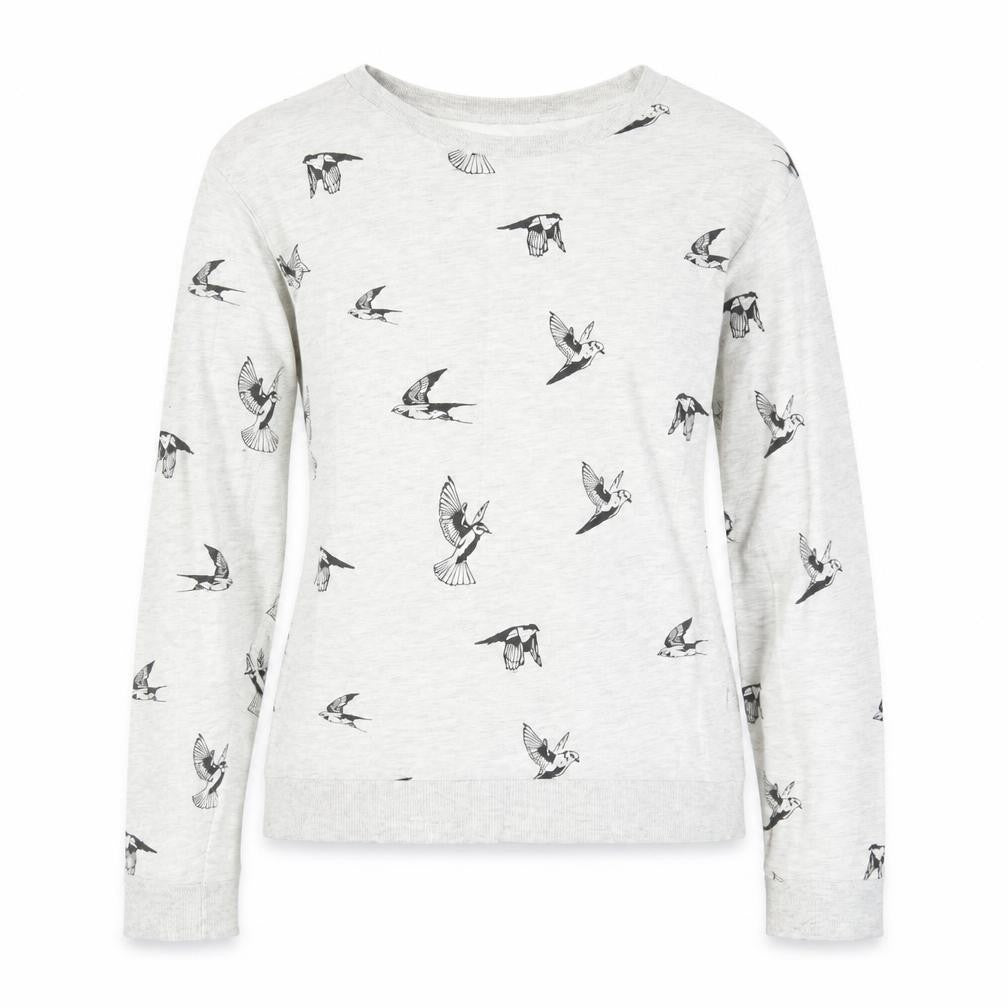 Front view of H&M women’s grey geometric cotton pullover sweatshirt, size XS, pullover - bird pattern
