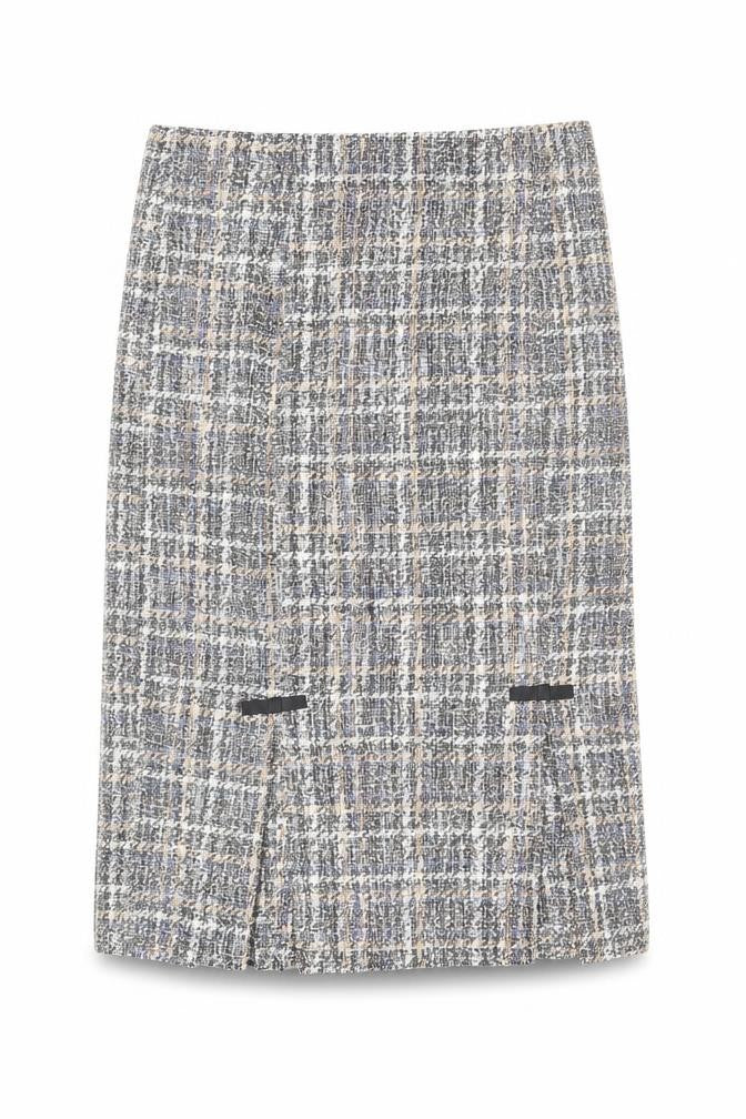 Front view of Belle Poque women’s multicoloured geometric polyester a-line skirt, size L, zip