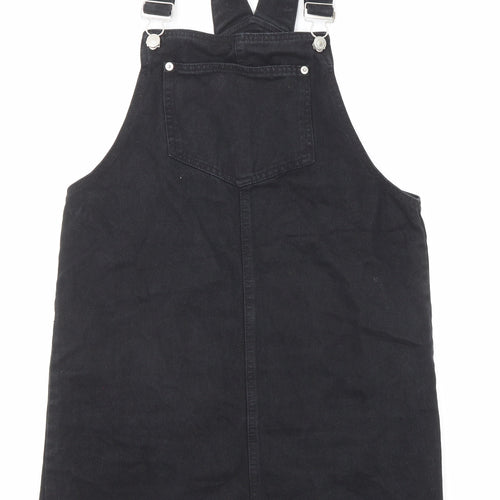 New Look Womens Black Cotton Pinafore/Dungaree Dress Size 8 Square Neck Button