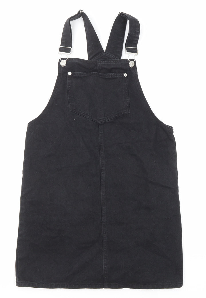 New Look Womens Black Cotton Pinafore/Dungaree Dress Size 8 Square Neck Button