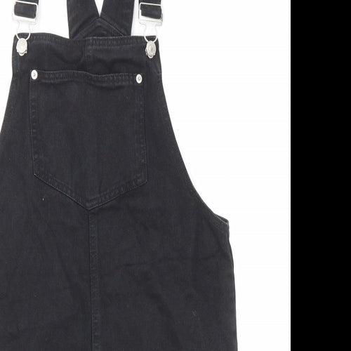 New Look Womens Black Cotton Pinafore/Dungaree Dress Size 8 Square Neck Button