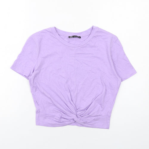 Zara Womens Purple Cotton Cropped T-Shirt Size M Crew Neck - Twist Front Detail