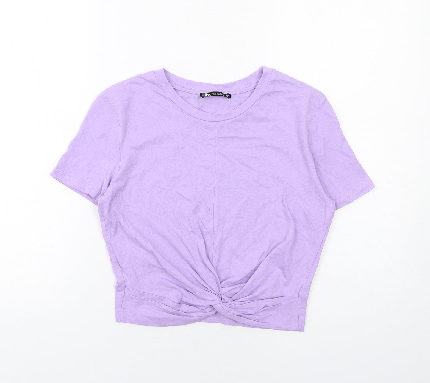 Zara Womens Purple Cotton Cropped T-Shirt Size M Crew Neck - Twist Front Detail