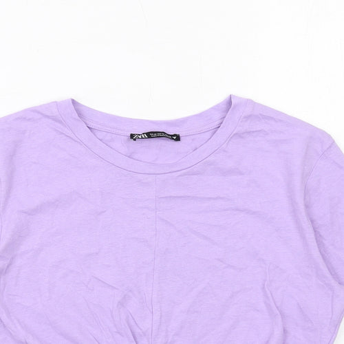 Zara Womens Purple Cotton Cropped T-Shirt Size M Crew Neck - Twist Front Detail