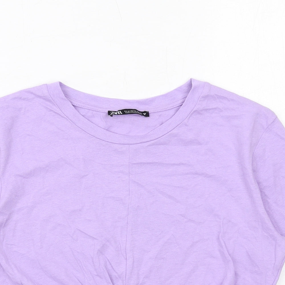 Zara Womens Purple Cotton Cropped T-Shirt Size M Crew Neck - Twist Front Detail
