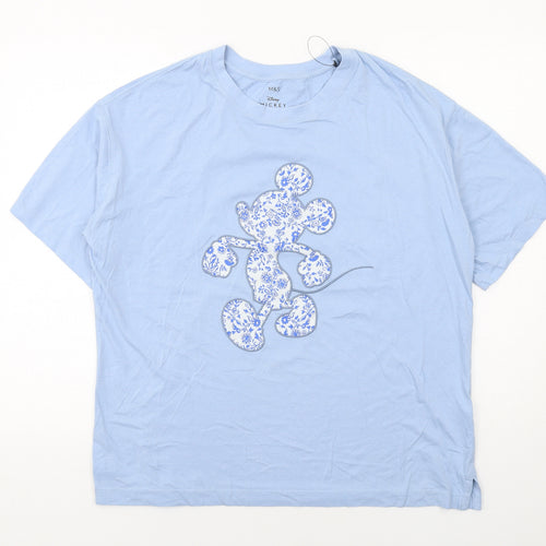 Marks and Spencer Womens Blue Cotton Basic T-Shirt Size 14 Round Neck - Mickey Mouse