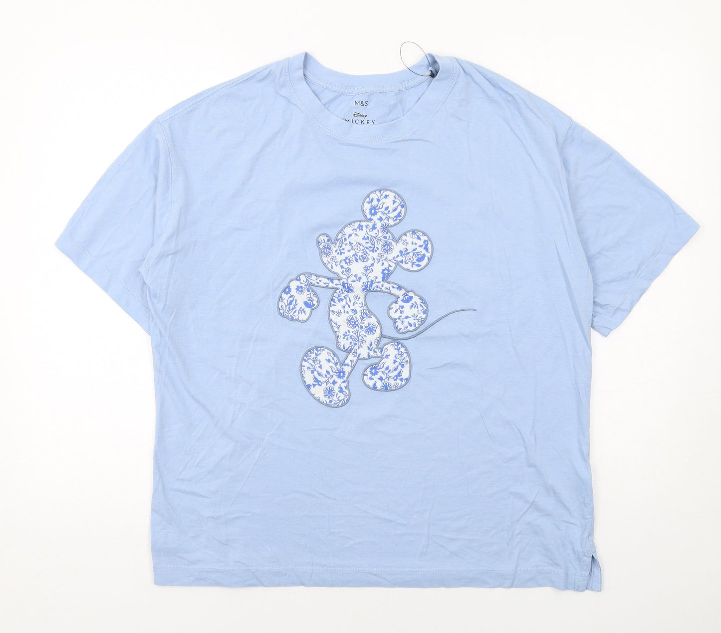 Marks and Spencer Womens Blue Cotton Basic T-Shirt Size 14 Round Neck - Mickey Mouse
