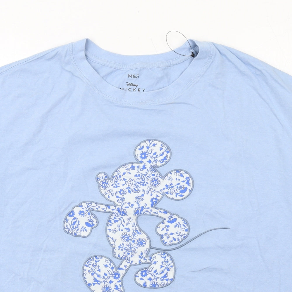 Marks and Spencer Womens Blue Cotton Basic T-Shirt Size 14 Round Neck - Mickey Mouse