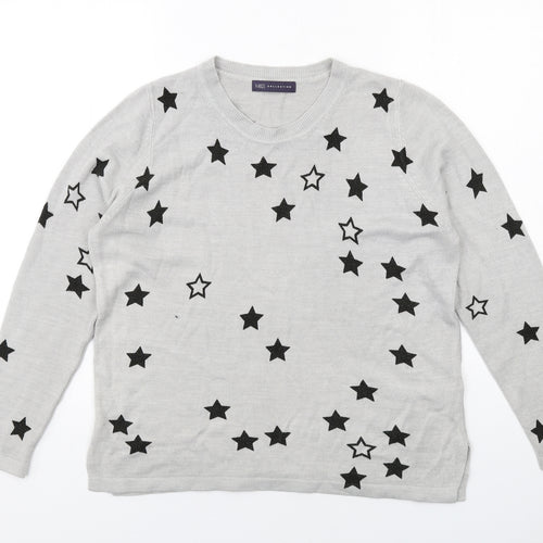 Marks and Spencer Womens Grey Round Neck Geometric Acrylic Pullover Jumper Size 14 - Star Pattern