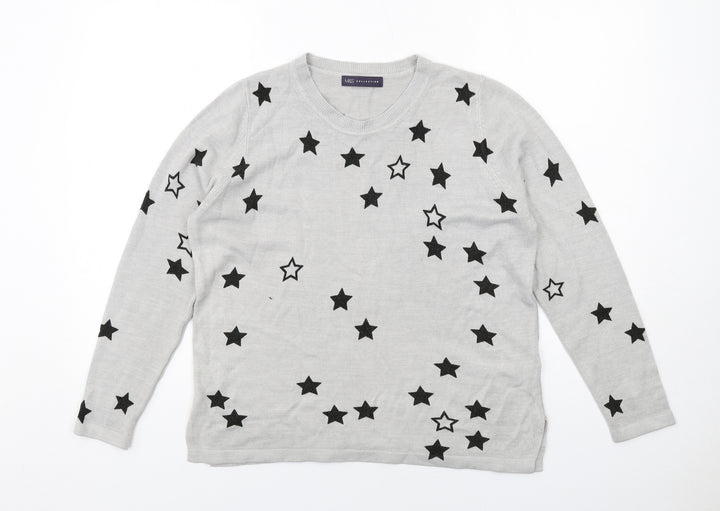 Marks and Spencer Womens Grey Round Neck Geometric Acrylic Pullover Jumper Size 14 - Star Pattern