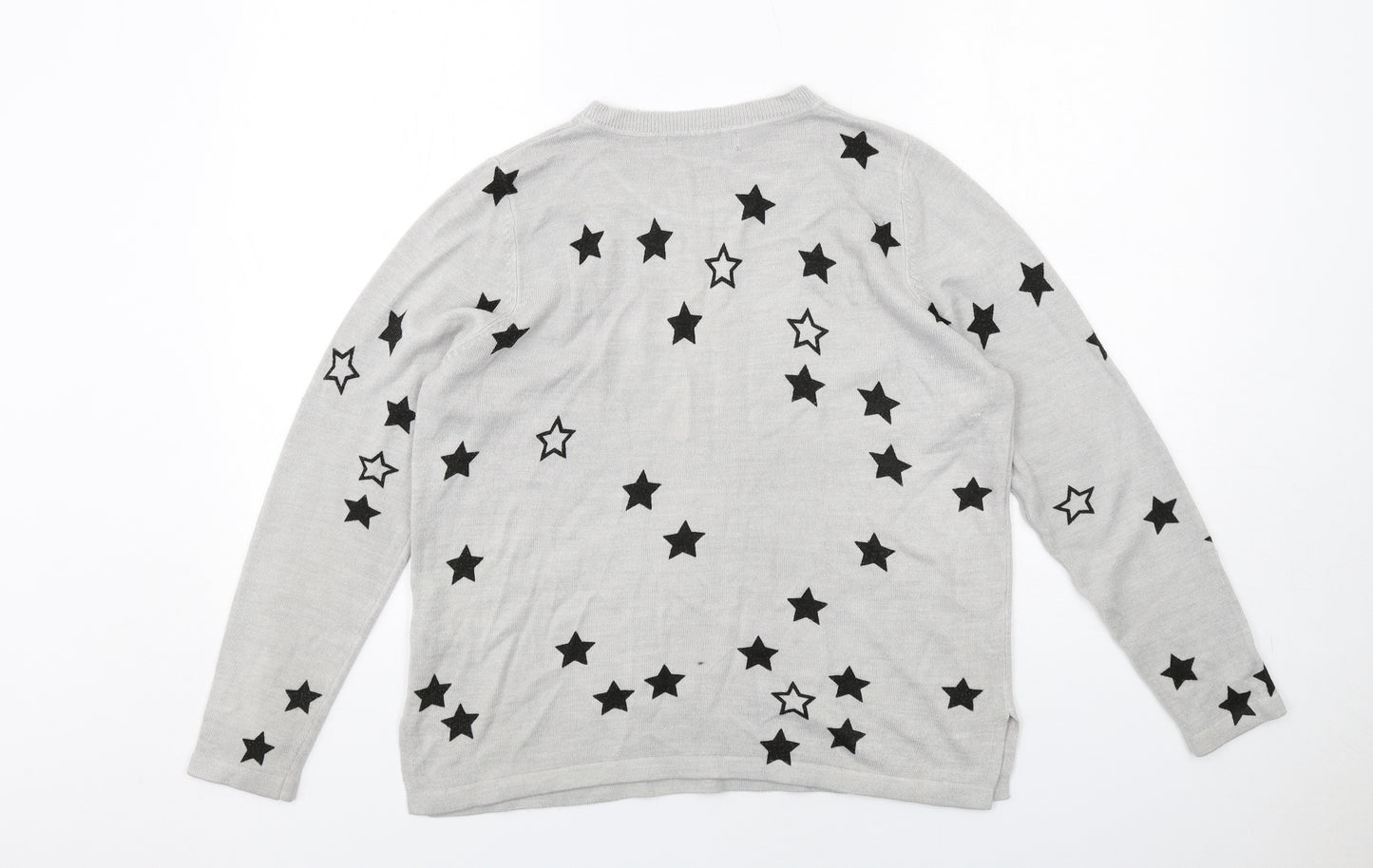 Marks and Spencer Womens Grey Round Neck Geometric Acrylic Pullover Jumper Size 14 - Star Pattern