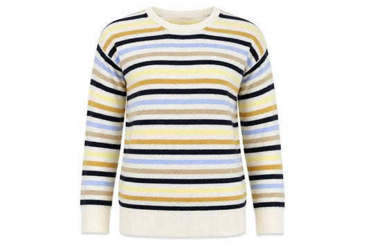 Front view of Marks & Spencer women’s multicoloured round neck striped polyester jumper, size M