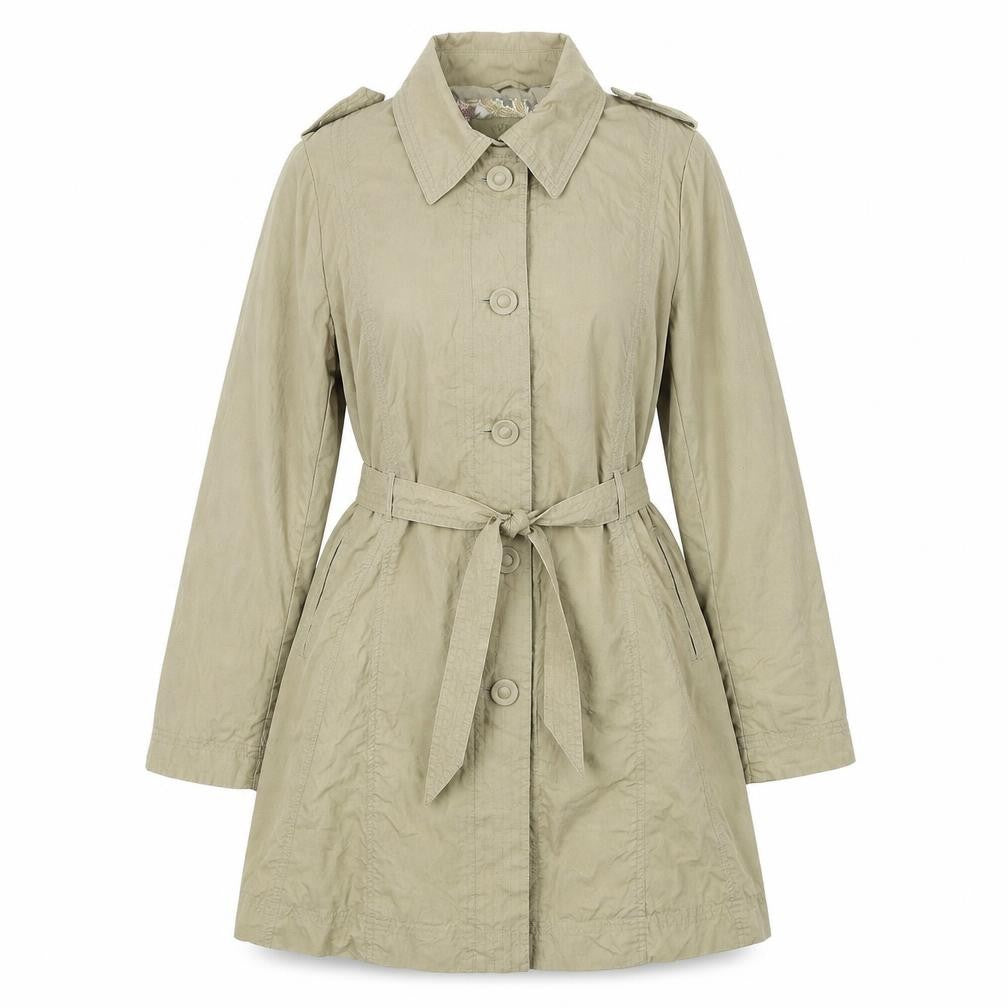 Front view of Per Una women’s beige overcoat coat, size UK 14, button