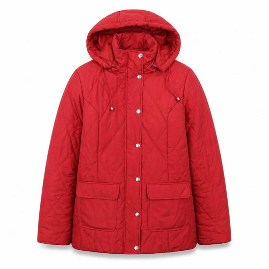 Front view of Damart women’s red quilted jacket, size UK 10, zip