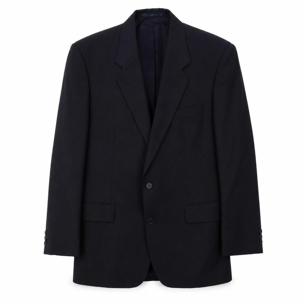 Front view of Scott & Taylor men’s blue striped polyester jacket suit jacket, size 42, regular