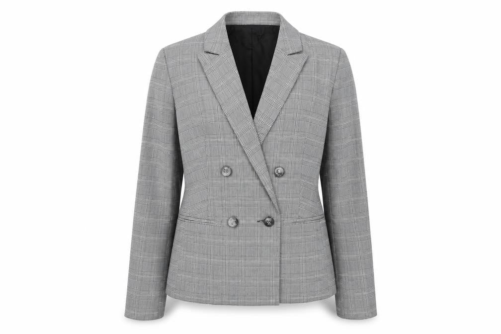 Front view of Miss Selfridge women’s grey check polyester jacket suit jacket, size UK 10