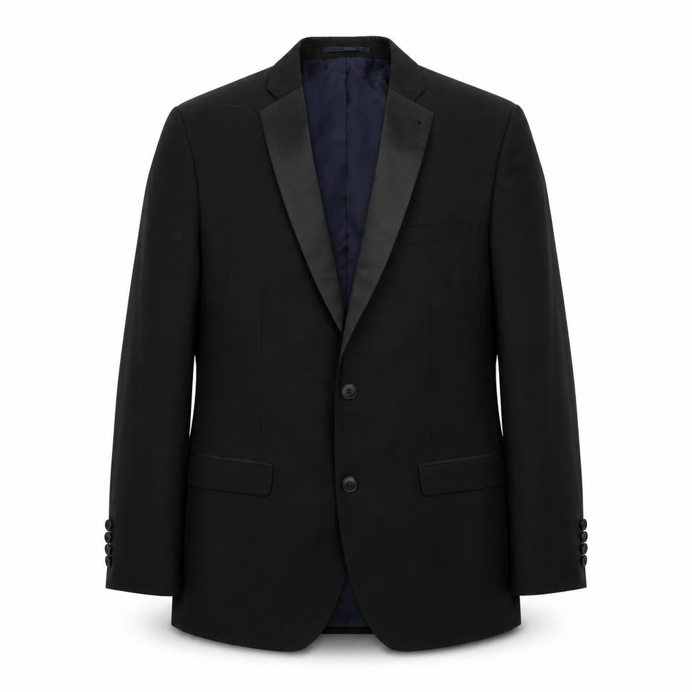 Front view of Next men’s black polyester tuxedo suit jacket, size 40, regular
