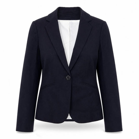 Front view of H&M women’s blue polyester jacket suit jacket, size UK 8