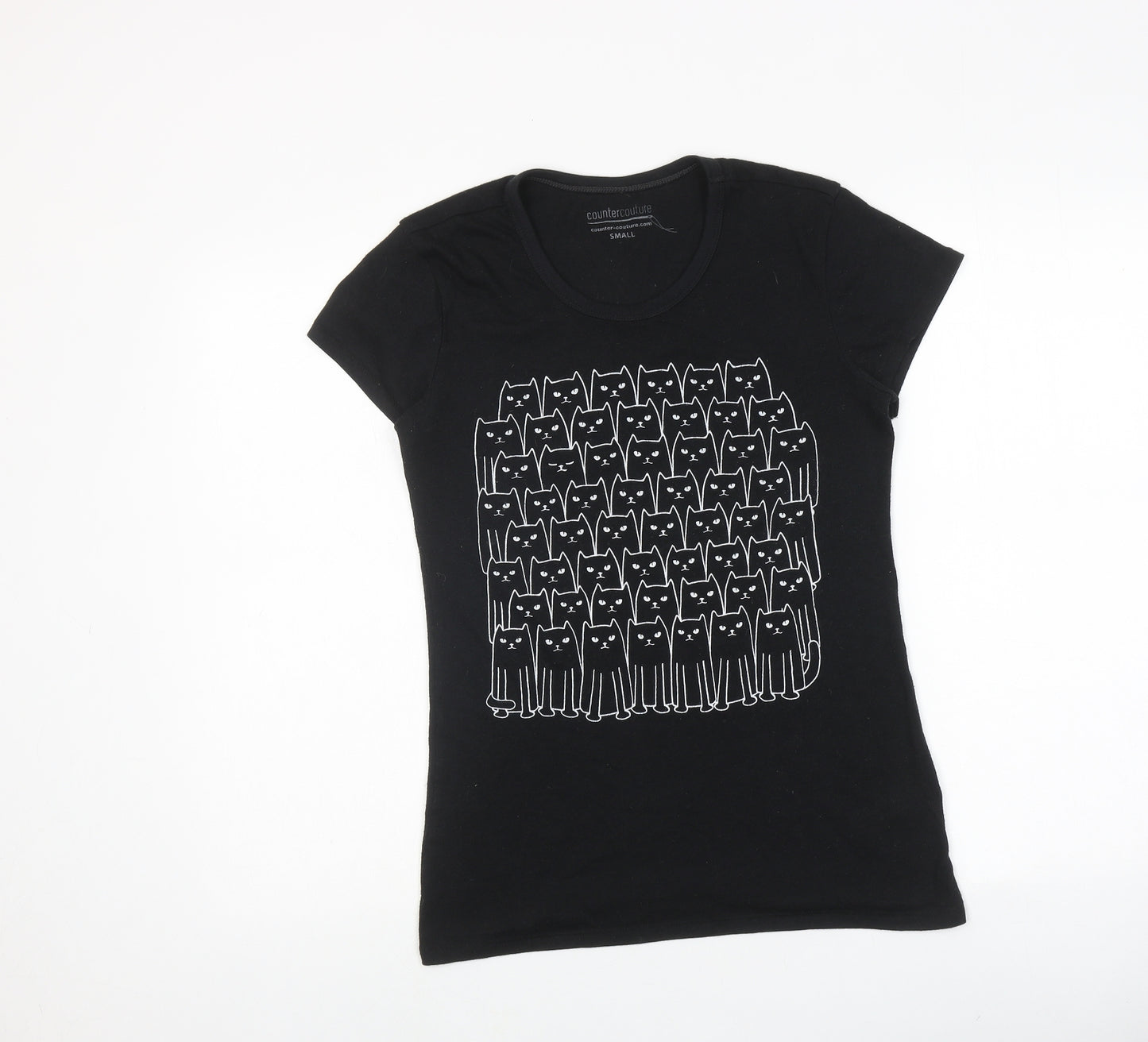 Counter Couture Womens Black Polyester Basic T-Shirt Size S Round Neck - Cats Print