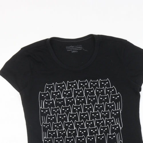 Counter Couture Womens Black Polyester Basic T-Shirt Size S Round Neck - Cats Print