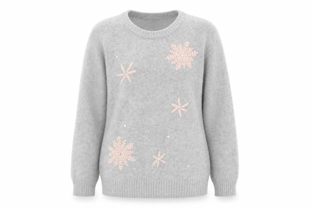 Front view of Gharani Strok women’s grey round neck acrylic jumper, size M