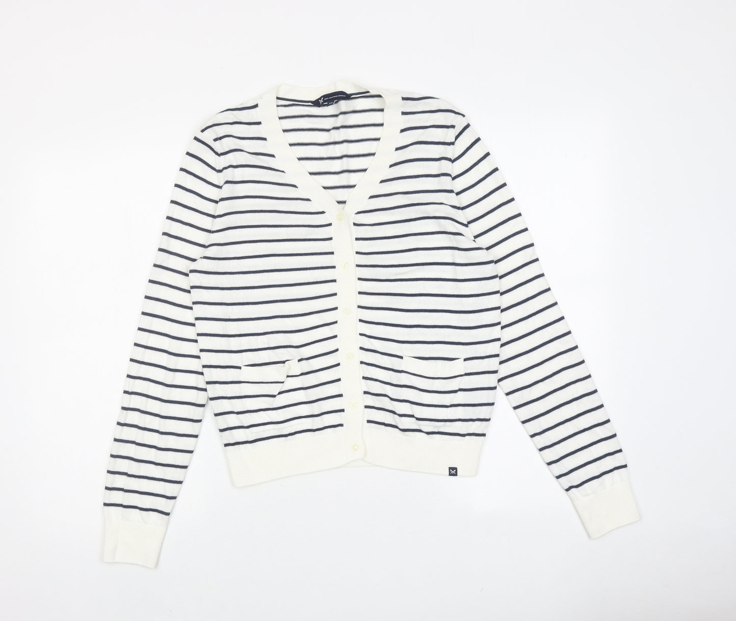 Crew Clothing Womens White V-Neck Striped 100% Cotton Cardigan Jumper Size 12