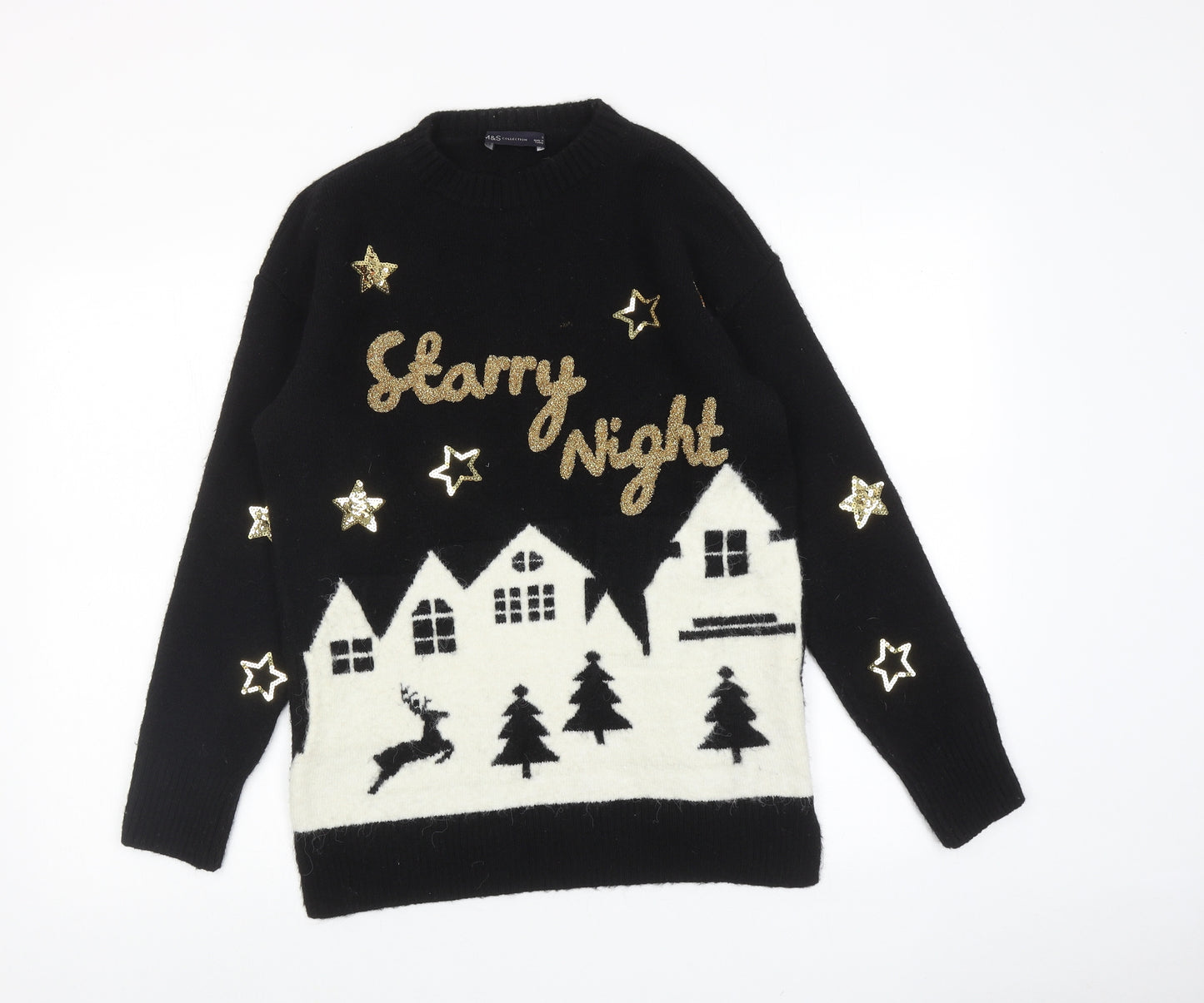 Marks and Spencer Womens Black Round Neck Acrylic Pullover Jumper Size S - Starry Night Christmas