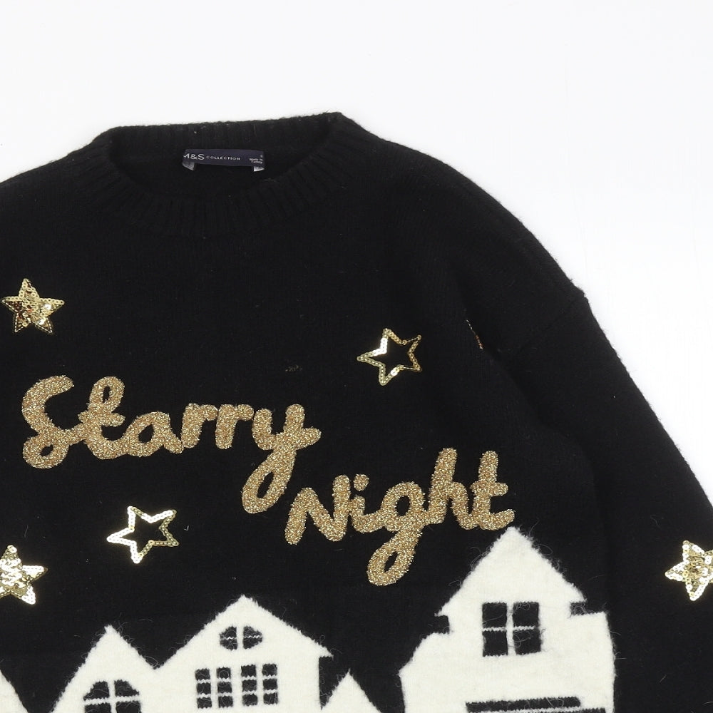 Marks and Spencer Womens Black Round Neck Acrylic Pullover Jumper Size S - Starry Night Christmas