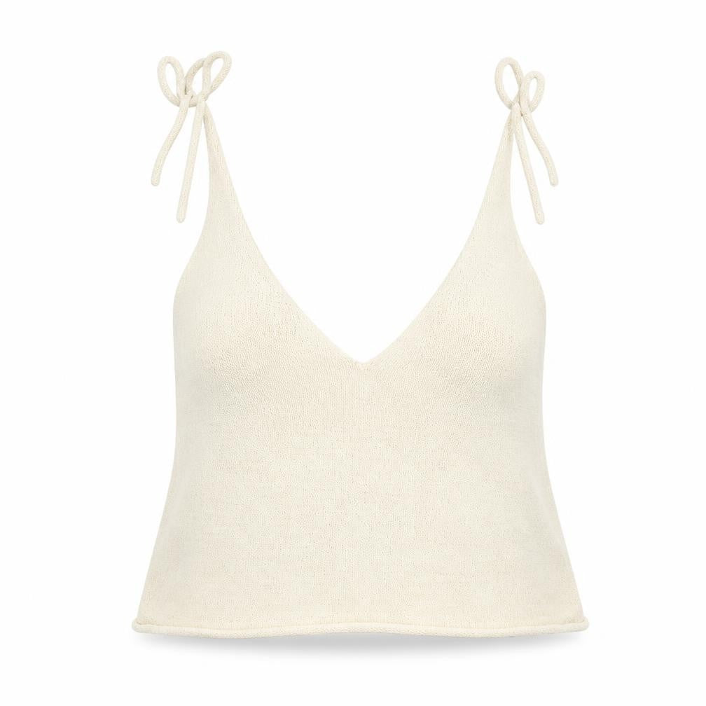 Front view of H&M women’s beige acrylic cropped tank, size S, v-neck