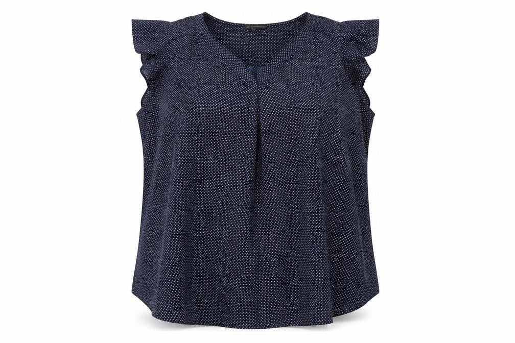 Front view of Adrianna Papell women’s blue polka dot polyester basic blouse, size 3XL, v-neck