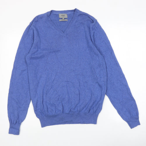 Marks and Spencer Mens Blue V-Neck Cotton Pullover Jumper Size M Long Sleeve