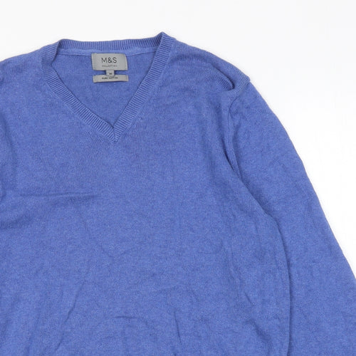 Marks and Spencer Mens Blue V-Neck Cotton Pullover Jumper Size M Long Sleeve