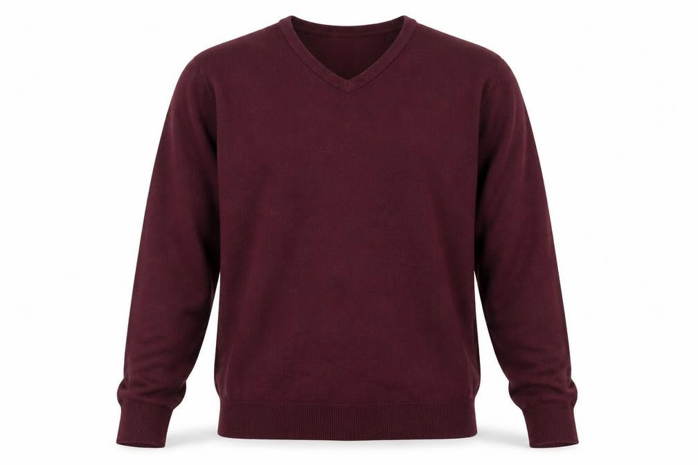 Front view of Bosideng men’s purple v-neck cotton jumper, size M, long sleeve