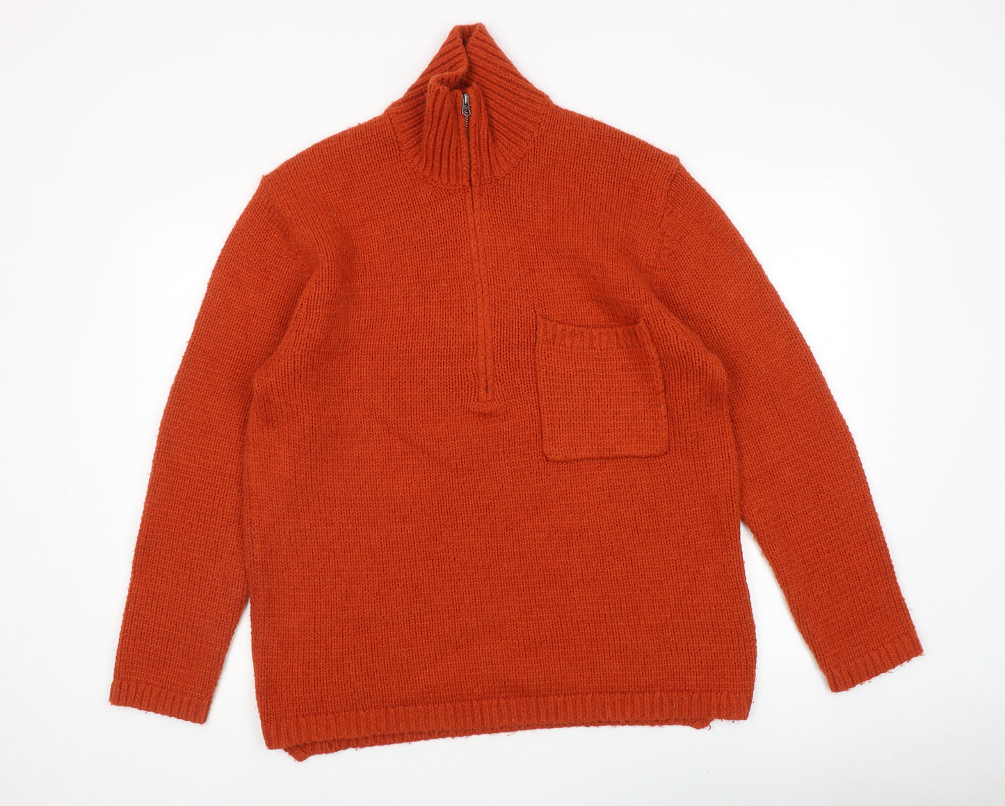 French Connection Mens Orange High Neck Acrylic Henley Jumper Size L Long Sleeve