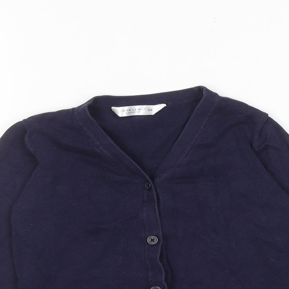 John Lewis Girls Blue V-Neck 100% Cotton Cardigan Jumper Size 5-6 Years Button