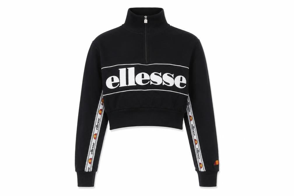 Front view of Ellesse women’s black cotton pullover sweatshirt, size UK 4, zip