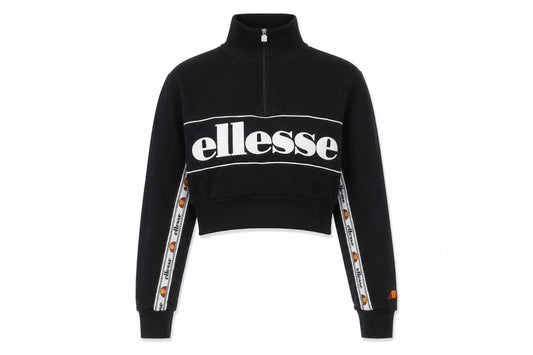 Front view of Ellesse women’s black cotton pullover sweatshirt, size UK 4, zip