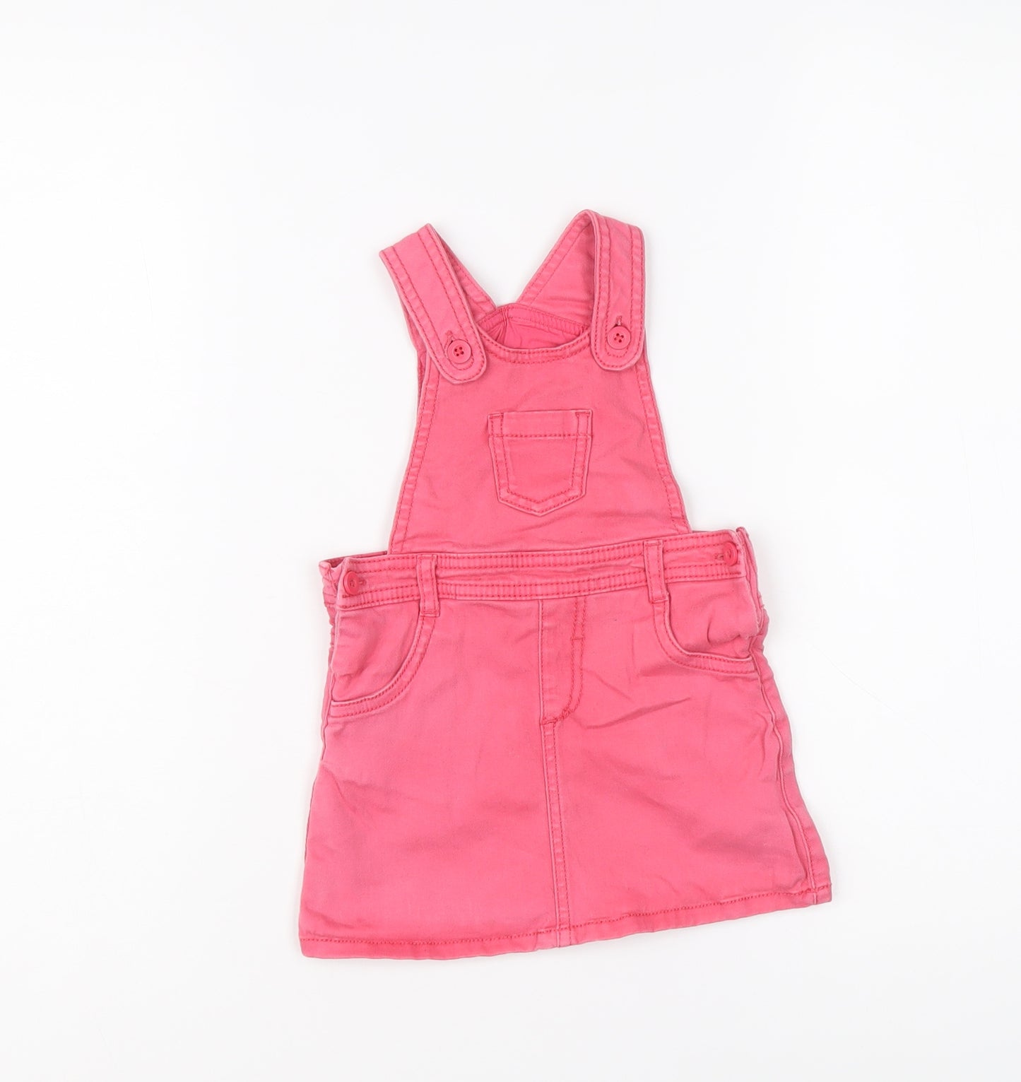 Marks and Spencer Girls Pink Cotton Pinafore/Dungaree Dress Size 12-18 Months Scoop Neck Button