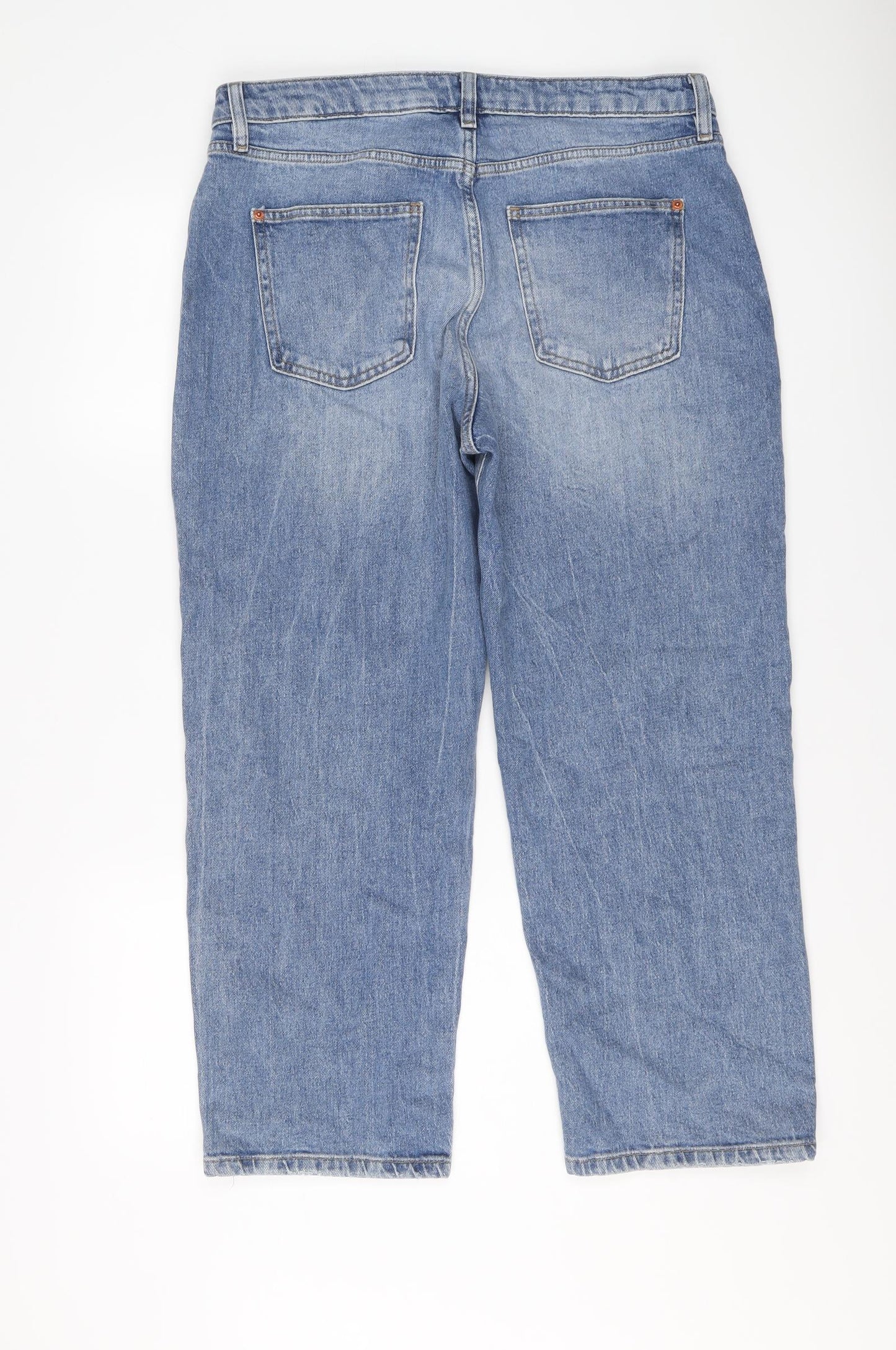 Marks and Spencer Womens Blue Cotton Boyfriend Jeans Size 14 L26 in Regular Button