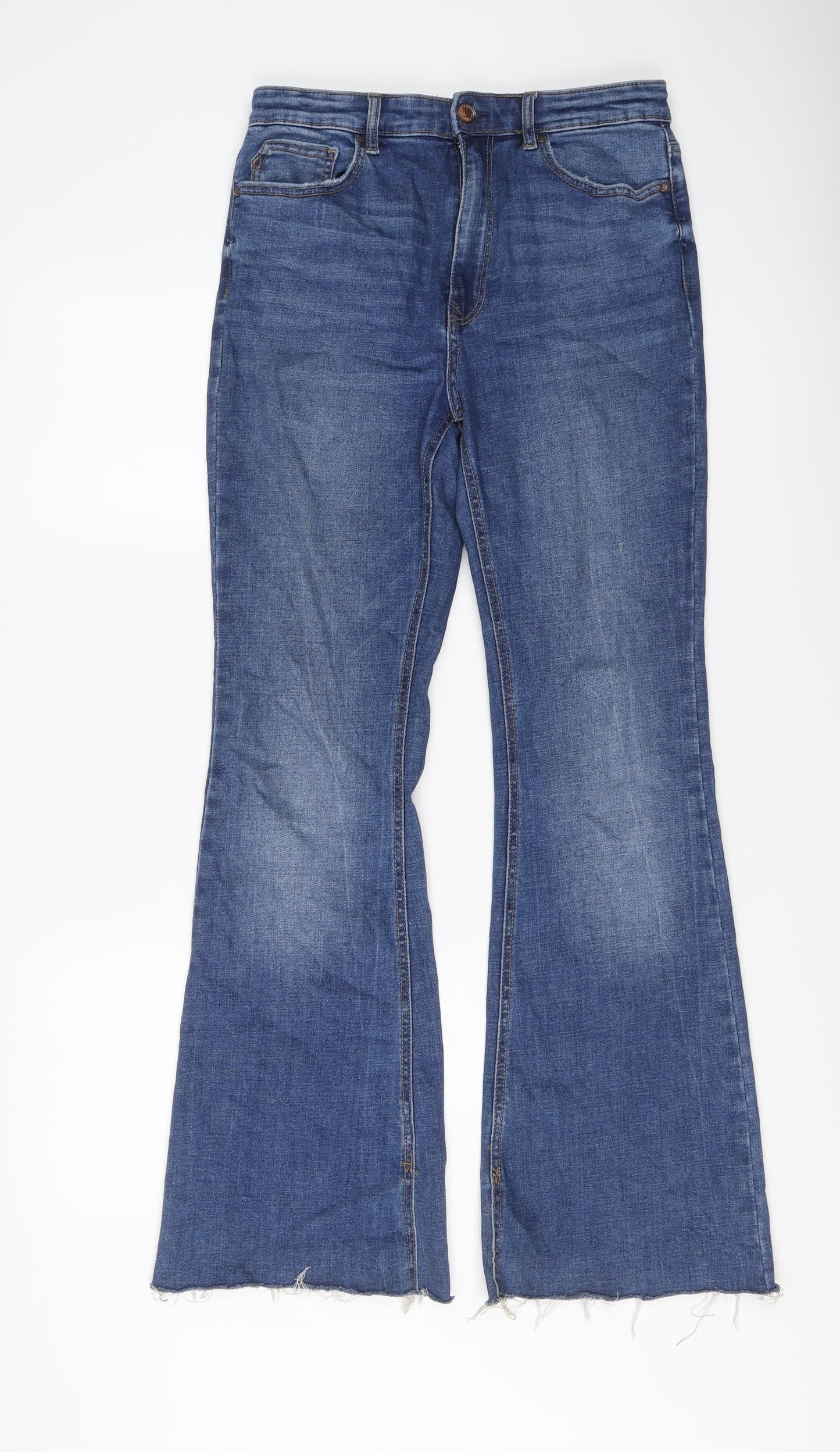 Stradivarius Womens Blue Cotton Flared Jeans Size 14 L30 in Regular Button - Frayed Hem