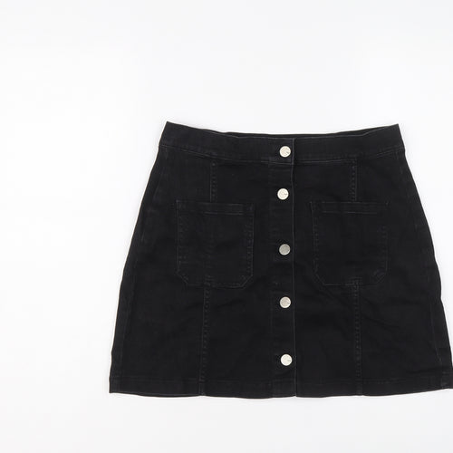 Oasis Womens Black Cotton A-Line Skirt Size 12 Button