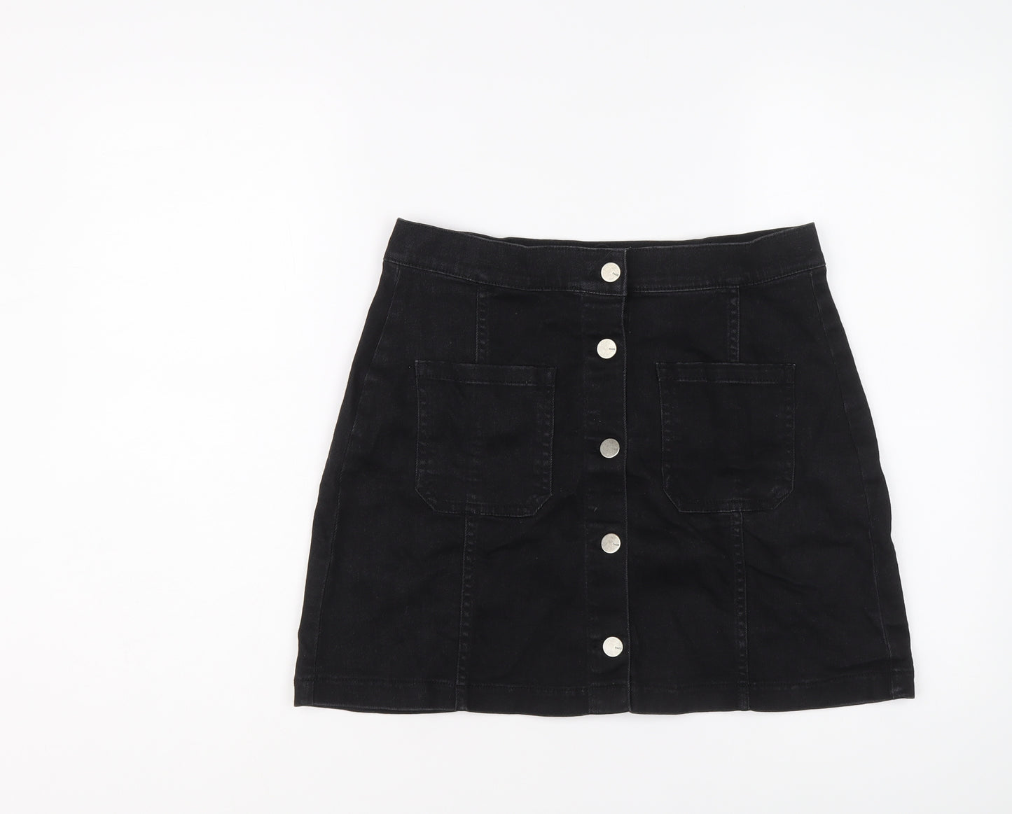 Oasis Womens Black Cotton A-Line Skirt Size 12 Button