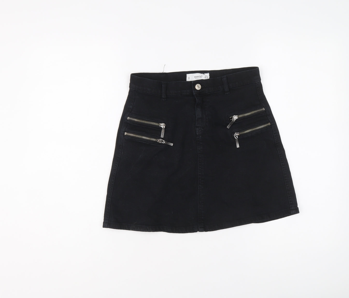 Mango Womens Blue Cotton A-Line Skirt Size S Zip