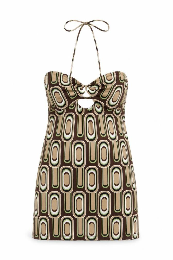 Front view of Motel Rocks women’s brown geometric cotton mini, size S, halter pullover