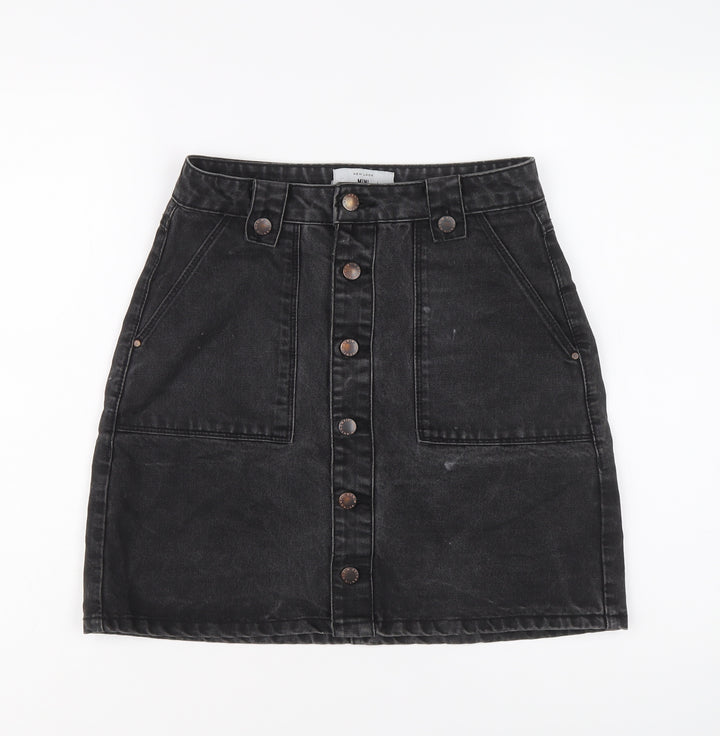 New Look Womens Black Cotton A-Line Skirt Size 8 Button