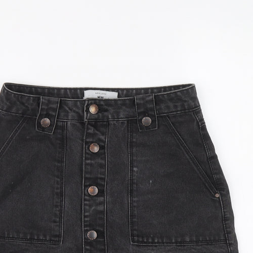 New Look Womens Black Cotton A-Line Skirt Size 8 Button