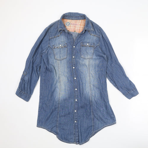 Heart & Soul Womens Blue Cotton Shirt Dress Size S Collared Snap