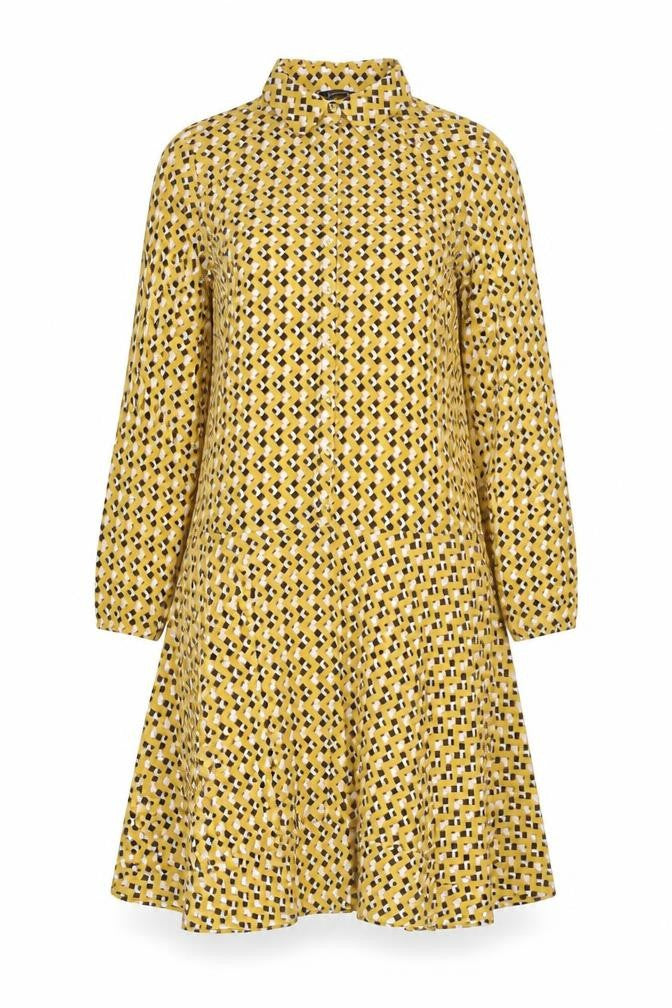 Front view of Kaleidoscope women’s yellow geometric polyester shirt dress, size UK 10, collared button