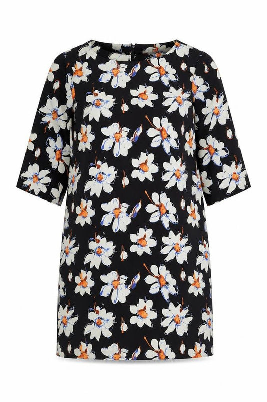 Front view of Boohoo women’s multicoloured floral polyester a-line, size UK 12, round neck zip